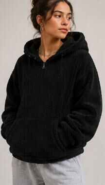 NWT Cernucci Oversized Borg Sherpa Pullover Hoodie Black Boxy Unisex Size S
